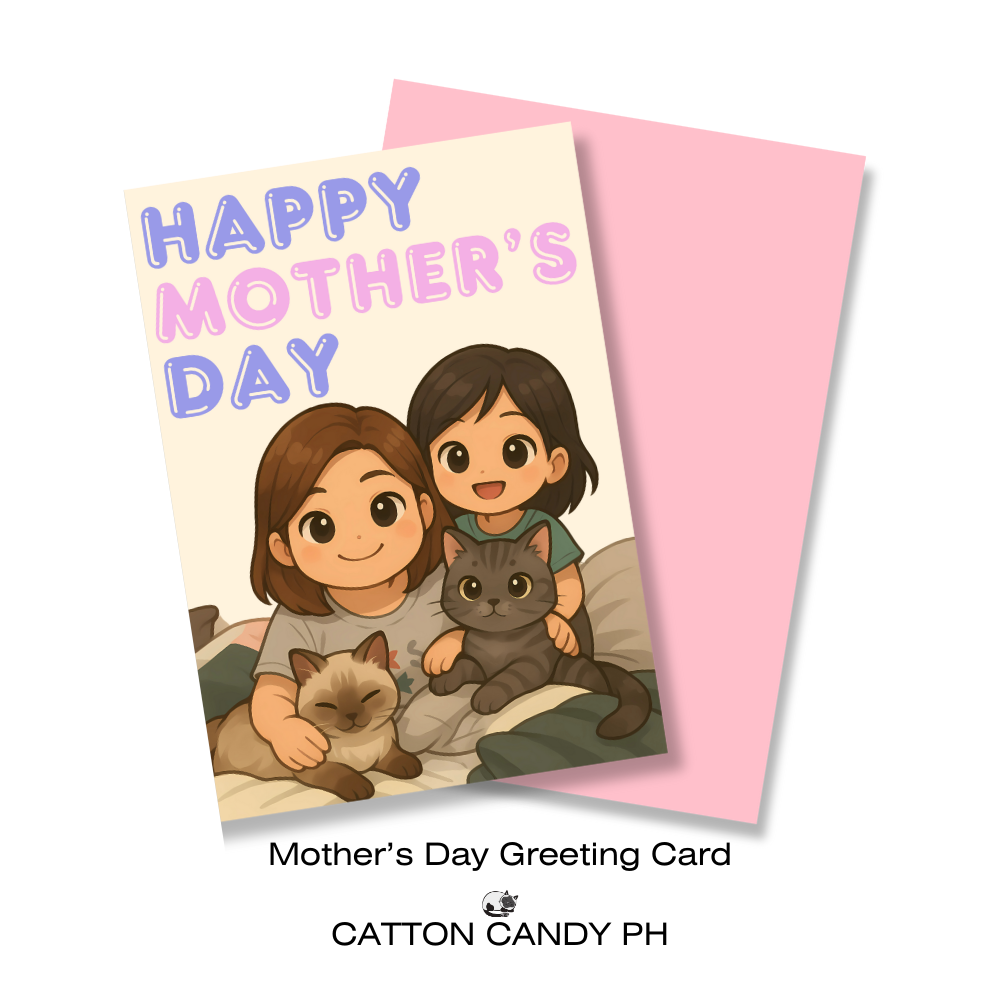 Happy Mother's Day Greeting Card (Mom with Girl Child and cats) with Envelope
